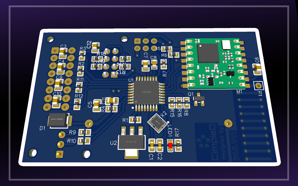 The sensor node board: Atmega328, LoRa radio module, and battery input