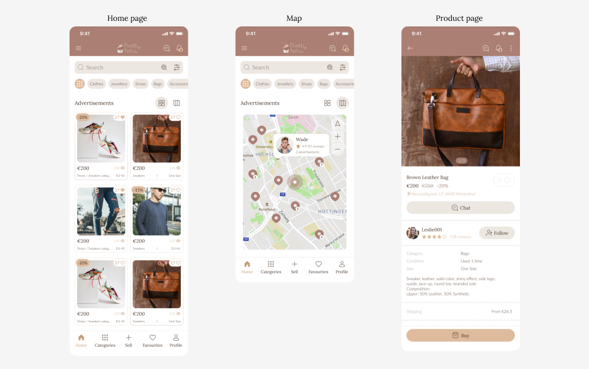 Home feed, seller map, and product page screens