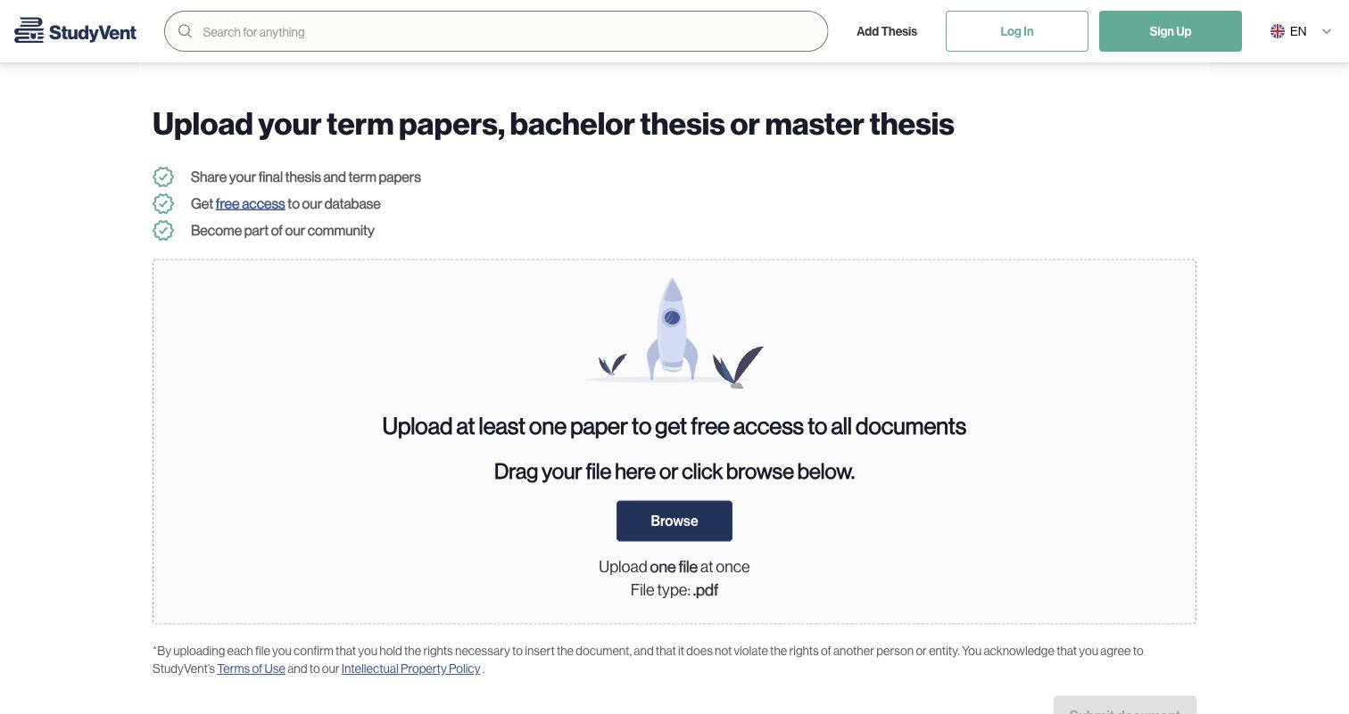 StudyVent’s upload screen: drag a PDF in, get free access to the whole library in return