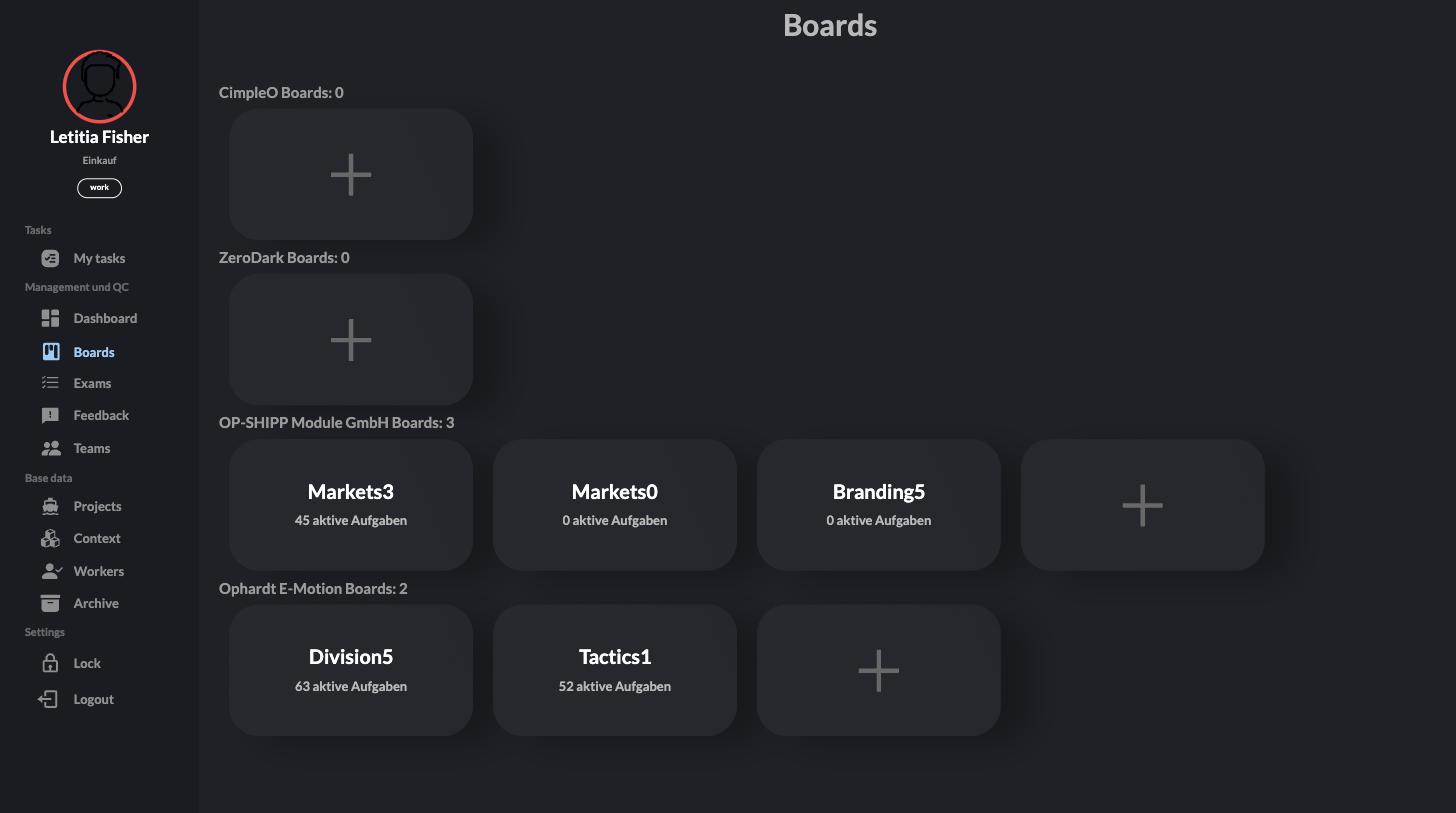 Boards grouped by client and project, with active task counts