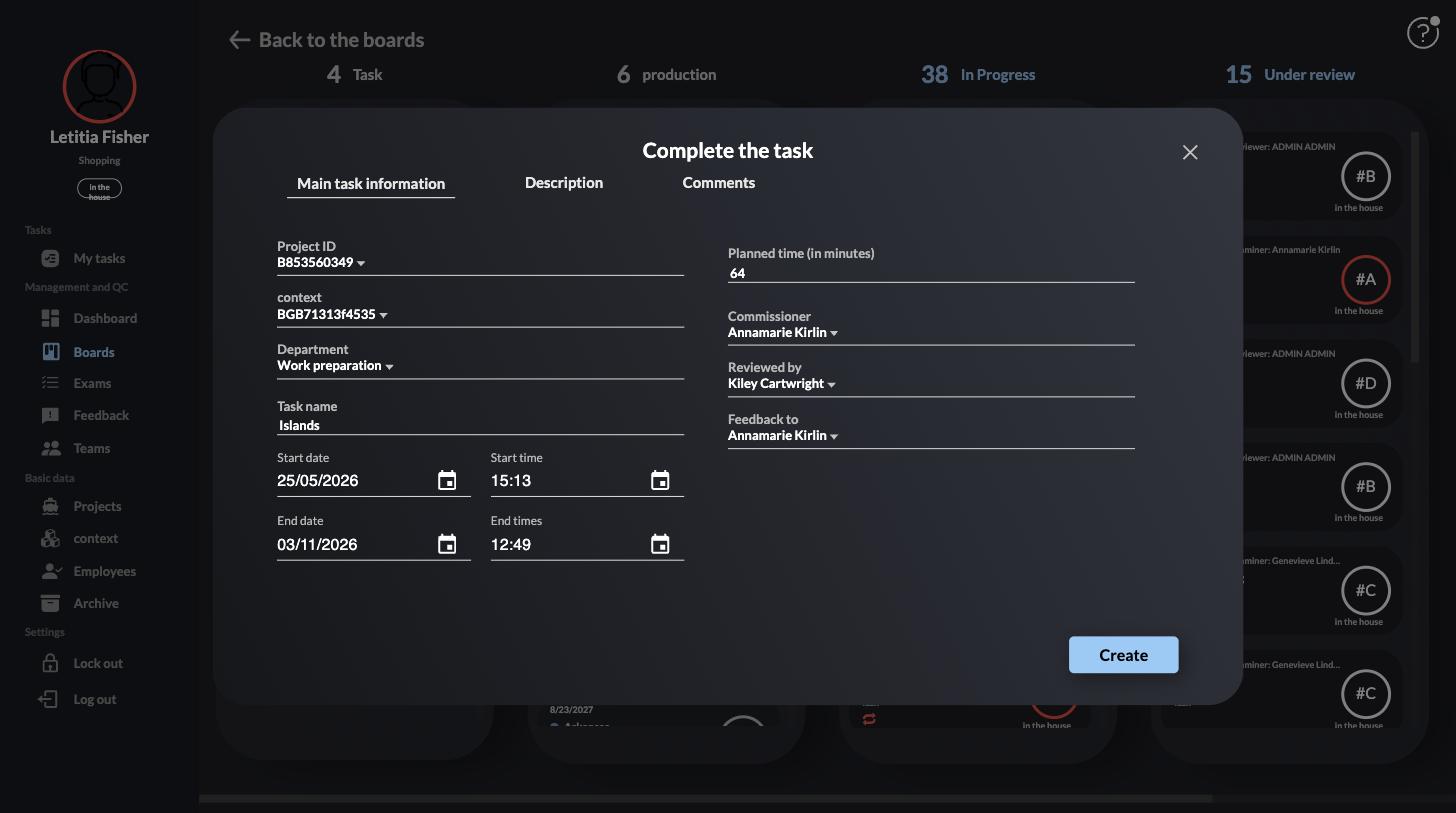 Task detail modal showing commissioner, reviewer, and feedback-to routing
