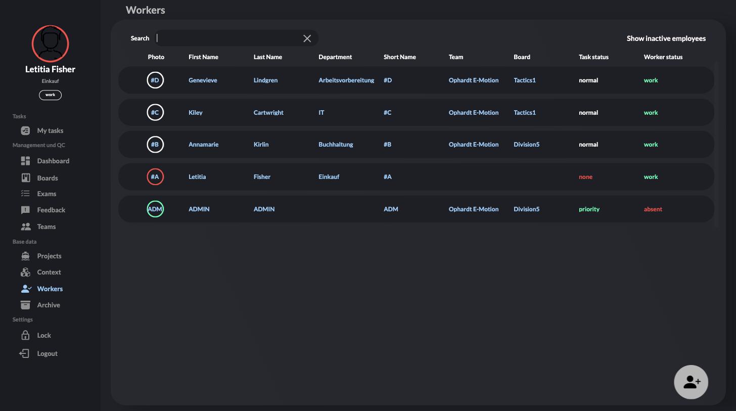 Employee directory with department, team, board, and live status